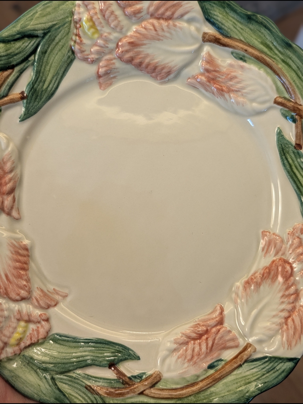 Fitz And Floyd Floral Relief Ceramic Plate - Pink & Green Tulip